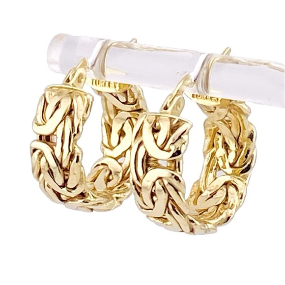 14K Yellow Gold Hoop Earrings 3.65 Gr Fine Jewelry Byzantine Chain Hoops 17x7mm - Picture 1 of 7